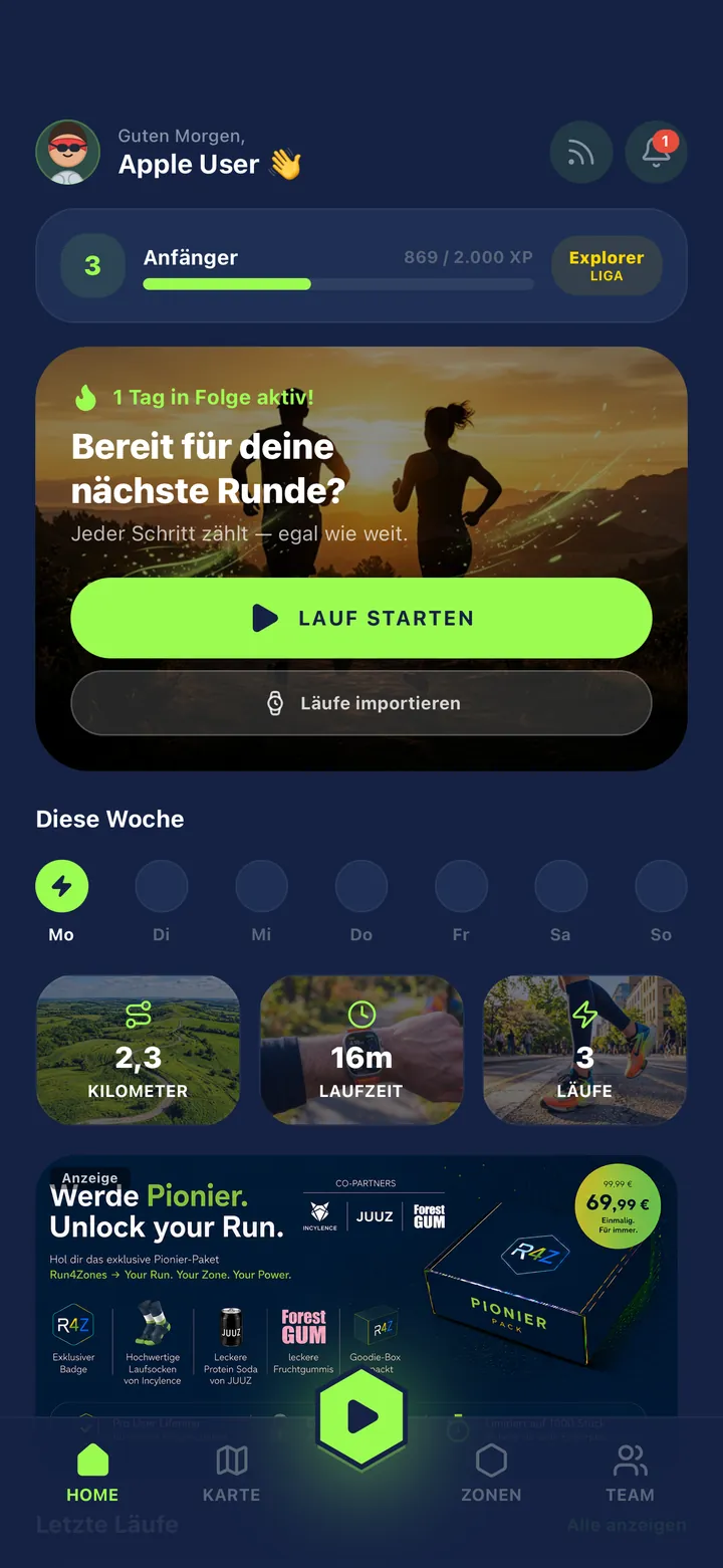 Run4Zones Dashboard mit Level, XP und Wochenübersicht