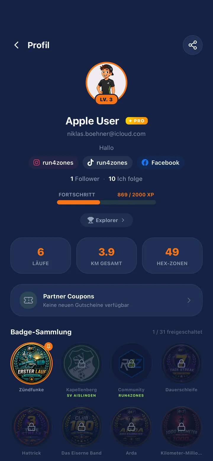 Run4Zones Profil mit Stats und Badge-Sammlung